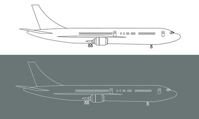 Plane drawn with lines to high detailed side view mock up. Illustrated vector.