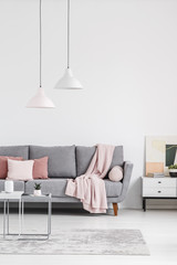 Lamps above table on carpet in bright living room interior with pink blanket on grey sofa. Real...