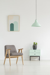 Grey wooden armchair next to cabinet with plant in white apartment interior with poster. Real photo