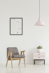 Plant on cabinet next to wooden armchair in simple flat interior with poster and lamp. Real photo
