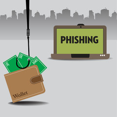 Colorful illustration with a hook grabbing a wallet full of money and a notebook with the word phishing written on its screen