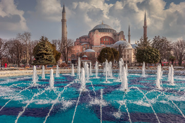 Istanbul, Turkey. View of Hagia Sophia from the fountain of Sultanahmet Park.