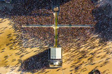 Budapest, Hungary - Aerial shot of crowd in front of a music stage at sunset