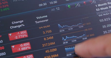 Obraz premium Finger touch on the tablet with stock market data