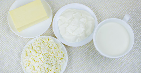 A set of dairy products: milk, cottage cheese, butter on a light background.