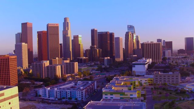 Down Town Los Angeles CA Aerial View From Helicopter and Drone sun set 