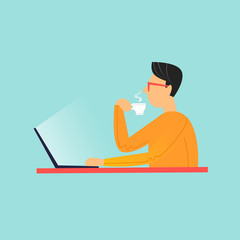 Man sitting drinking coffee and working on laptop.  Flat design vector illustration.