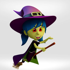 halloween, girl dressed up as witch flying with broom running on white background. 3d cartoon illustration