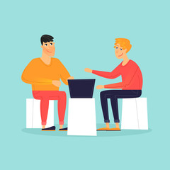 Office workers talking near a laptop. Flat design vector illustration.