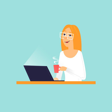Woman sitting working behind laptop.  Flat design vector illustration.