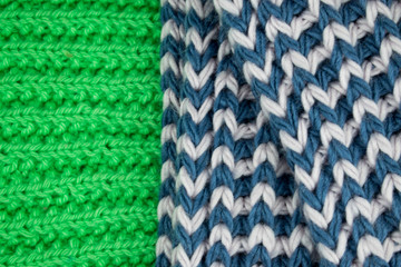 Two types of knitted fabric: green and blue-white.