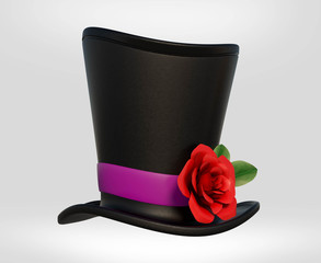  top hat with purple ribbon and pink flower. 3d cartoon illustration