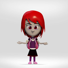 halloween, student girl costumed vampire with doubts. 3d cartoon illustration