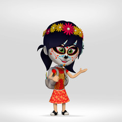  day of the dead, student girl dressed as a Mexican skull. 3d cartoon illustration
