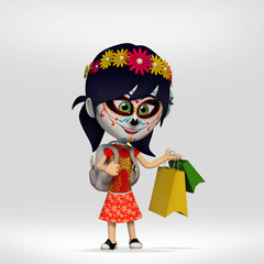  dia de los muertos, student girl dressed in Mexican skull making shopping. 3d cartoon illustration