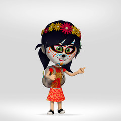  day of the dead, student girl dressed as a Mexican skull. 3d cartoon illustration