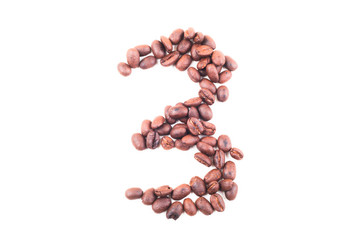 The number three from roasted coffee beans. Isolated. White background.