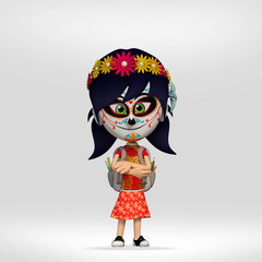  day of the dead, student girl dressed as a Mexican skull. 3d cartoon illustration