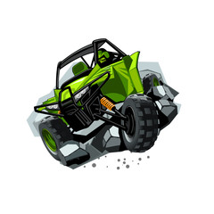 Off-Road ATV Buggy, rides through obstacles stones. Green color.