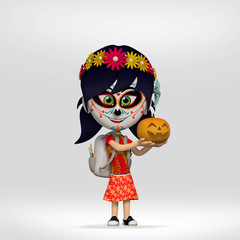  day of the dead, student girl dressed as a Mexican skull. 3d cartoon illustration