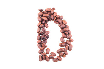 The alphabet D from roasted coffee beans. Isolated. White background.