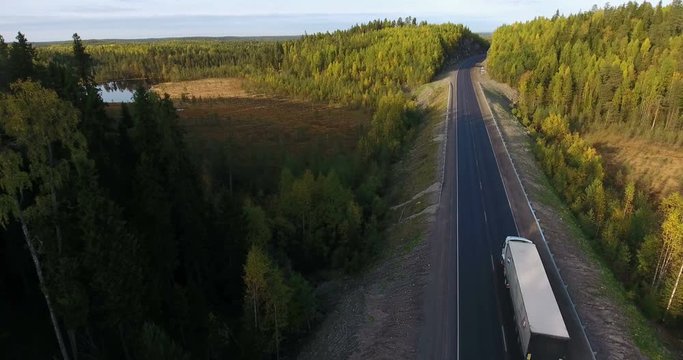 White semitrailer truck driving on highway in marshy forest. Autumn season. Aerial view