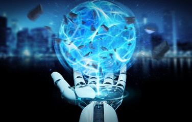 White robot hand creating energy ball 3D rendering
