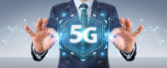 Businessman using 5G network interface 3D rendering