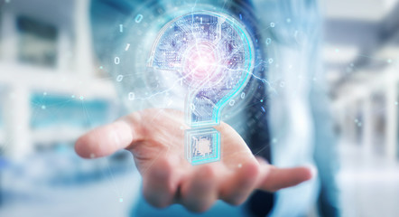 Businessman solving problem with digital question marks 3D rendering