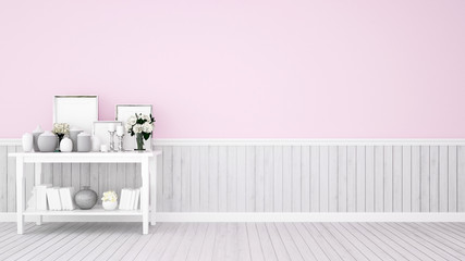 Pink empty room on white wood floor and decoration set on white tone - Room design on pink tone and space for add artwork - 3D Illustration