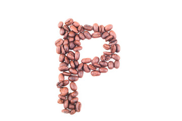 The alphabet P from roasted coffee beans. Isolated. White background.