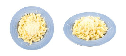 Grated Cheese on Pasta Isolated on White Background