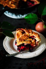 Pie with apples and black elderberries .Dark rustic photo