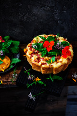 Snack cake with mortadella and cheese.selective focus