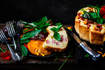 Snack cake with mortadella and cheese.selective focus