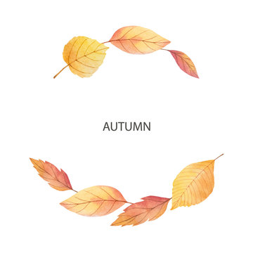 Watercolor autumn vector wreath with leaves and branches isolated on white background.