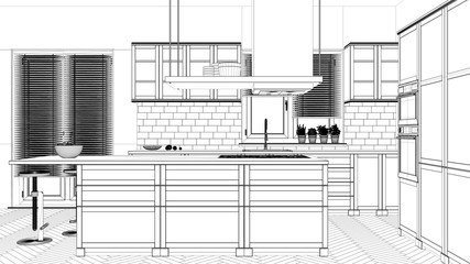 Interior design project, black and white ink sketch, architecture blueprint showing modern kitchen with island