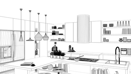 Interior design project, black and white ink sketch, architecture blueprint showing contemporary kitchen with island and stools