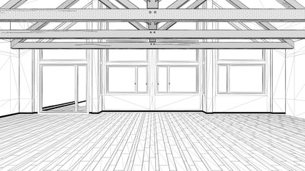Interior design project, black and white ink sketch, architecture blueprint showing empty modern room with wooden roof