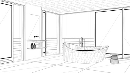Interior design project, black and white ink sketch, architecture blueprint showing modern bathroom with bathtub