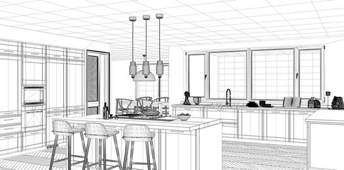 Interior design project, black and white ink sketch, architecture blueprint showing classic kitchen with island