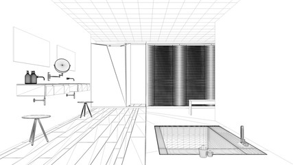 Interior design project, black and white ink sketch, architecture blueprint showing modern bathroom with bathtub and sink