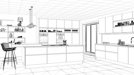 Interior design project, black and white ink sketch, architecture blueprint showing modern kitchen with island