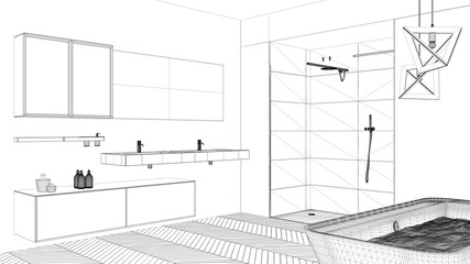 Interior design project, black and white ink sketch, architecture blueprint showing modern bathroom with bathtub and shower