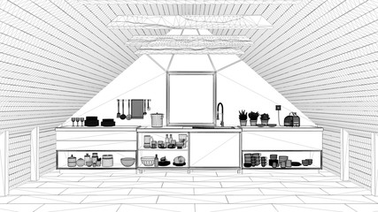 Interior design project, black and white ink sketch, architecture blueprint showing modern attic kitchen