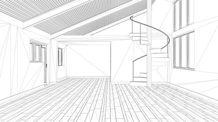 Interior design project, black and white ink sketch, architecture blueprint showing modern empty space with staircase