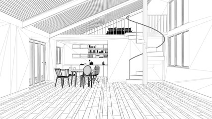 Interior design project, black and white ink sketch, architecture blueprint showing modern kitchen with staircase and mezzanine