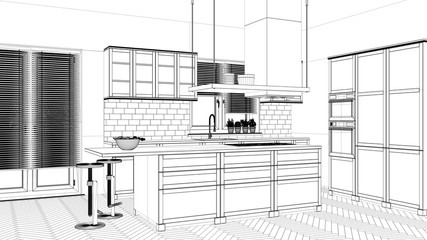 Interior design project, black and white ink sketch, architecture blueprint showing modern kitchen with island and stools