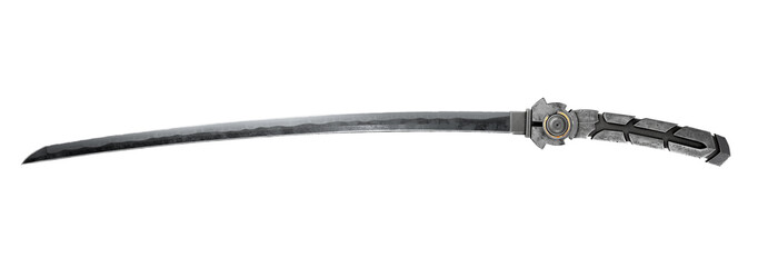 A science-fiction Japanese sword. Futuristic katana with decorative metal handle. Sci-fi Asian katana. Steel Sword. 3D rendering on a white background. © roman3d