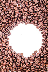 circle frame of roasted coffee beans isolated on white use as background or texture with your favorite text
